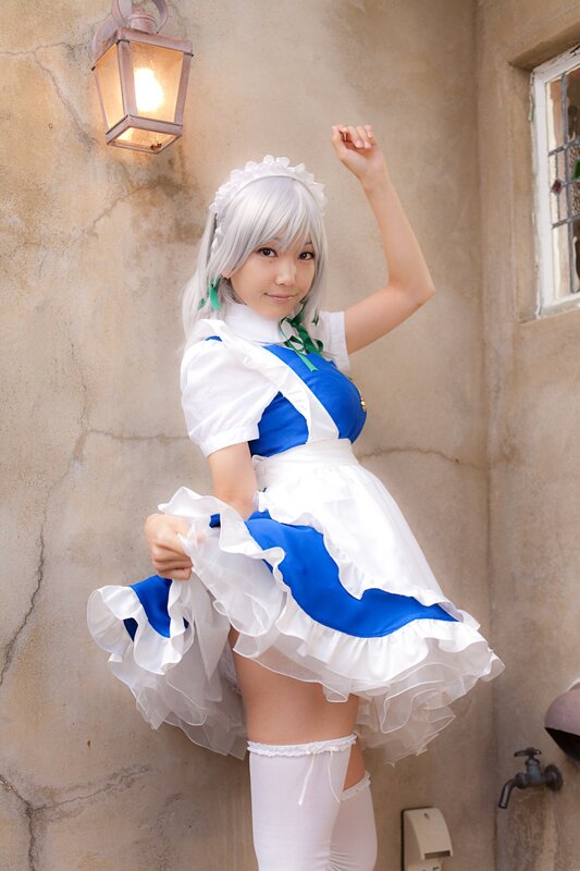 Cosplayer in Maid Outfit — White, Playful, Afternoon, Photograph, Wall
