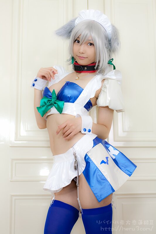 Cosplayer in Maid Outfit — White, Playful, Photograph, Silver Wig, Blue Bow