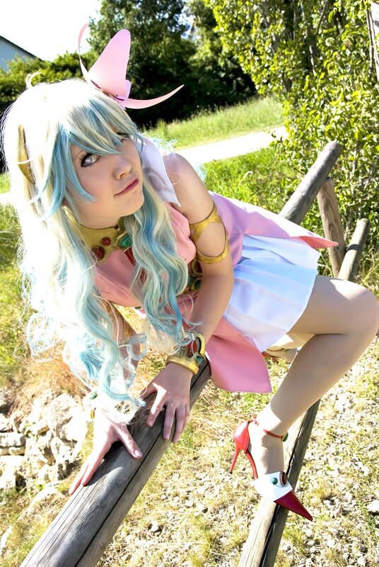 cosplayer in pink and blue costume