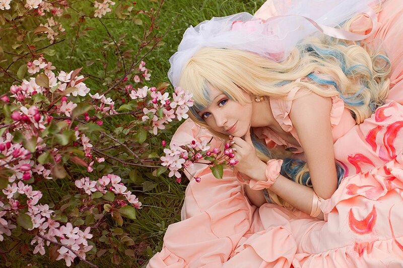 cosplayer in pink dress with flowers