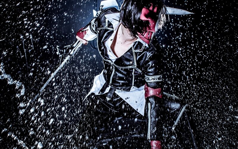 cosplayer in rain with sword