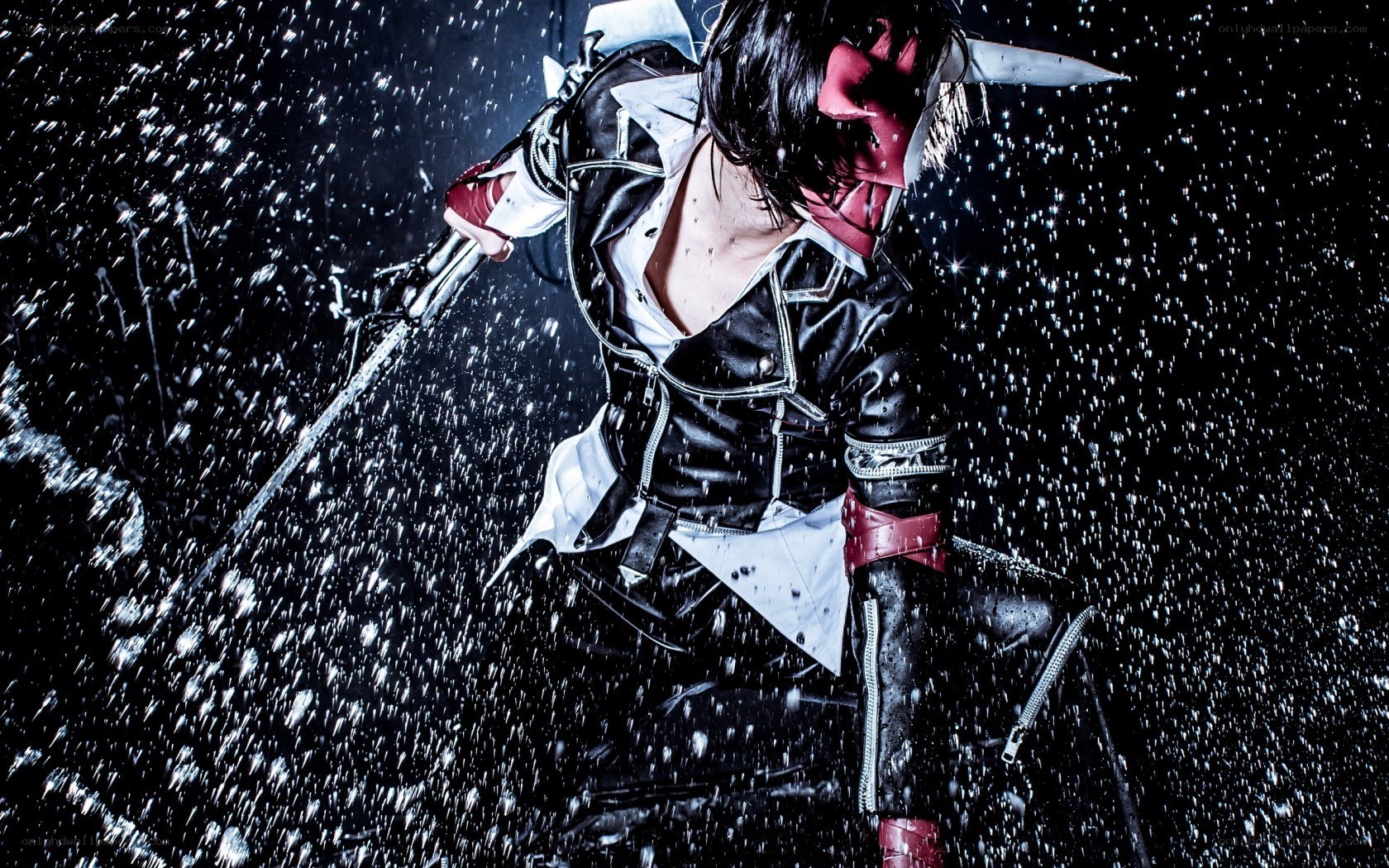 cosplayer in rain with sword