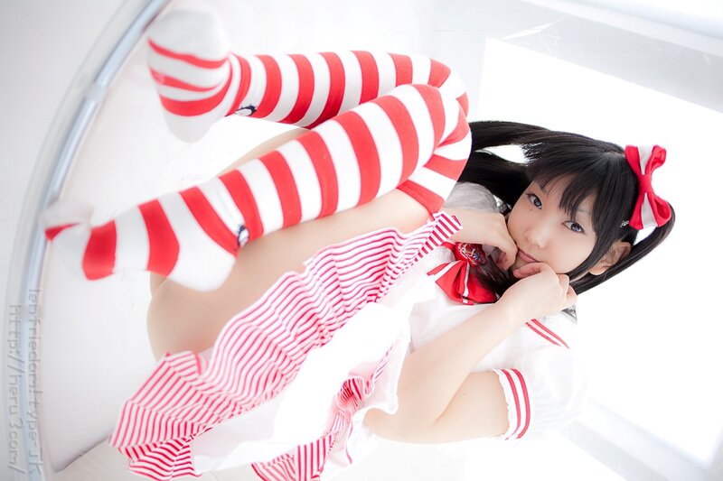 cosplayer in red and white striped socks