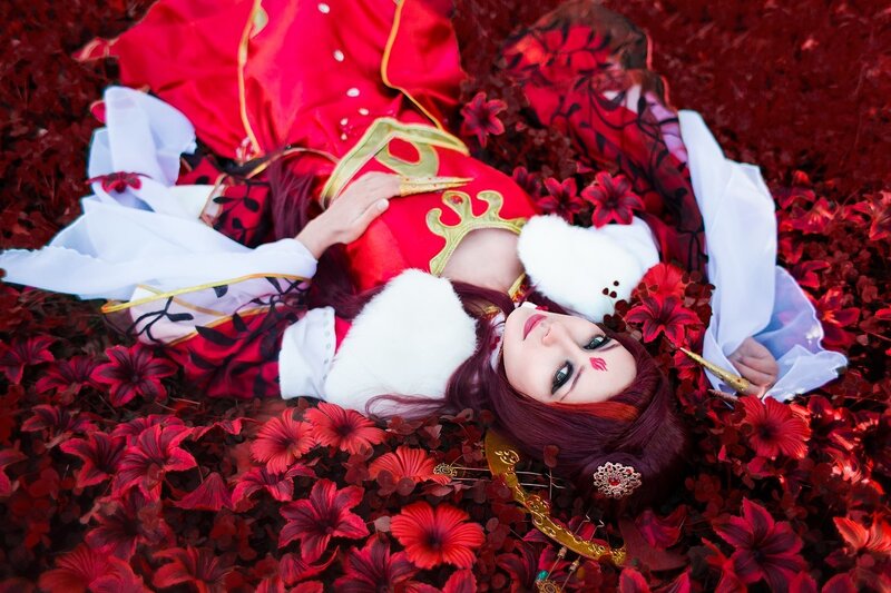 Cosplayer in Red Flowers