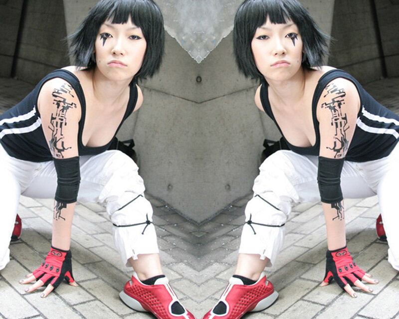 cosplayer in red shoes