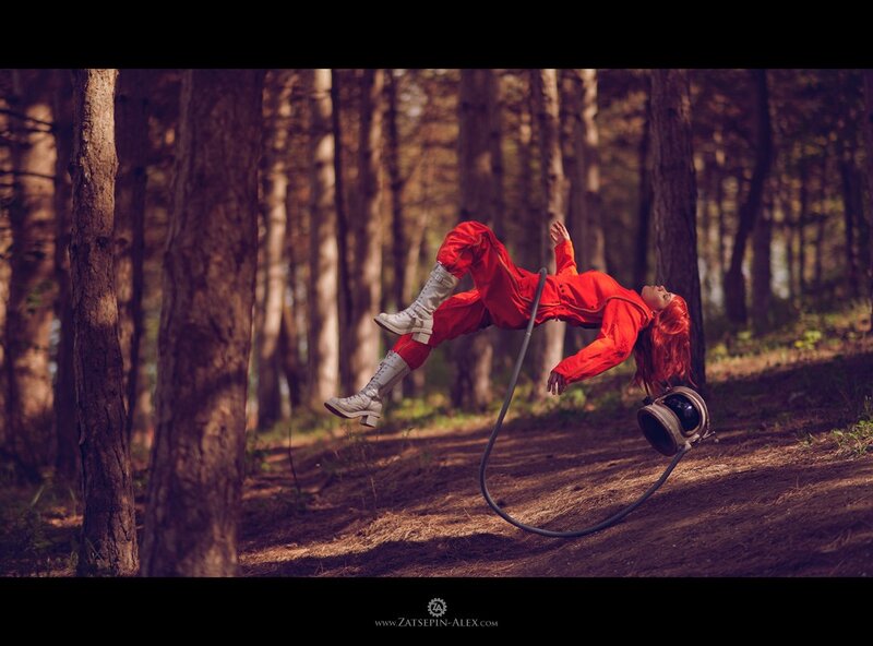 Cosplayer in red suit floating