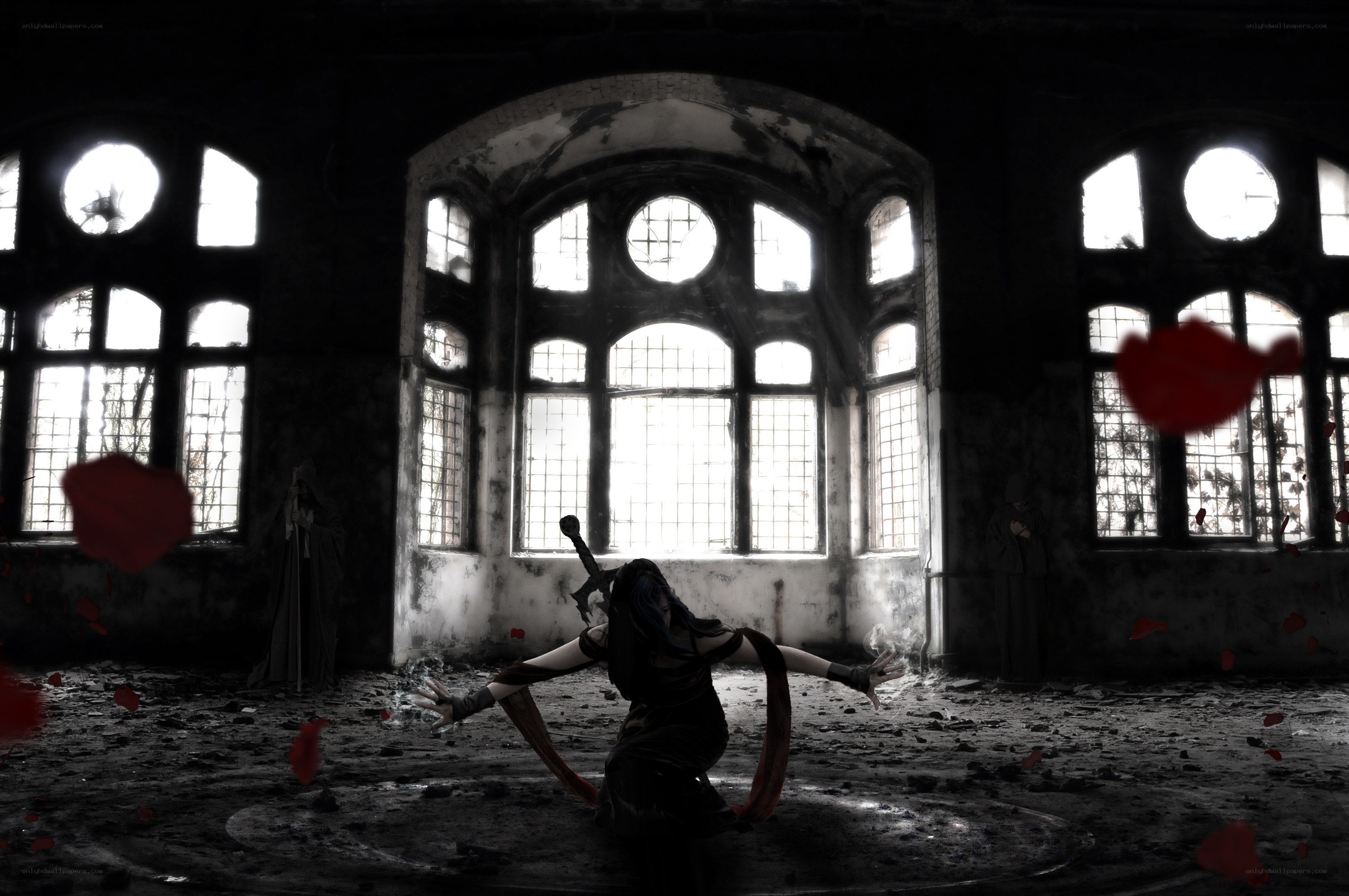 cosplayer in ruined hall