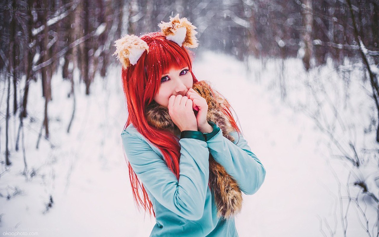 Cosplayer in snowy forest