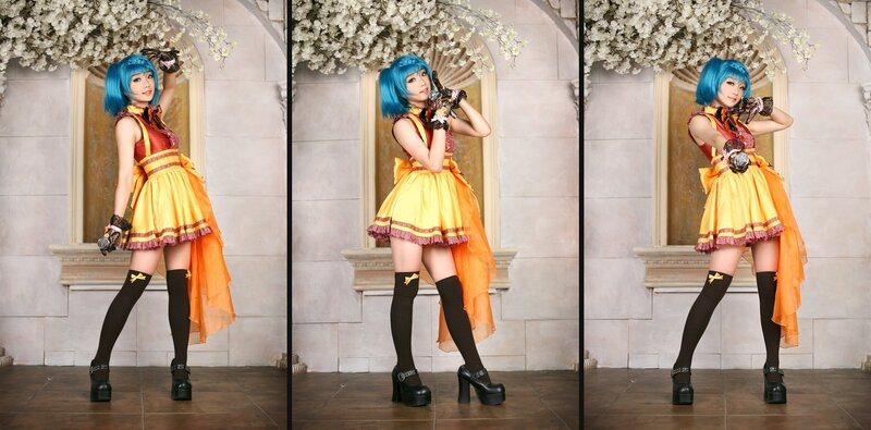 Cosplayer in Yellow Dress — Playful, Photograph, Blue Wig