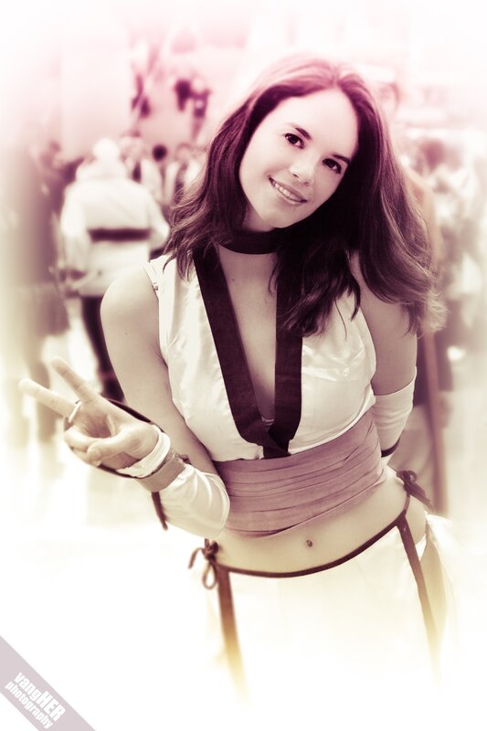 cosplayer making peace sign