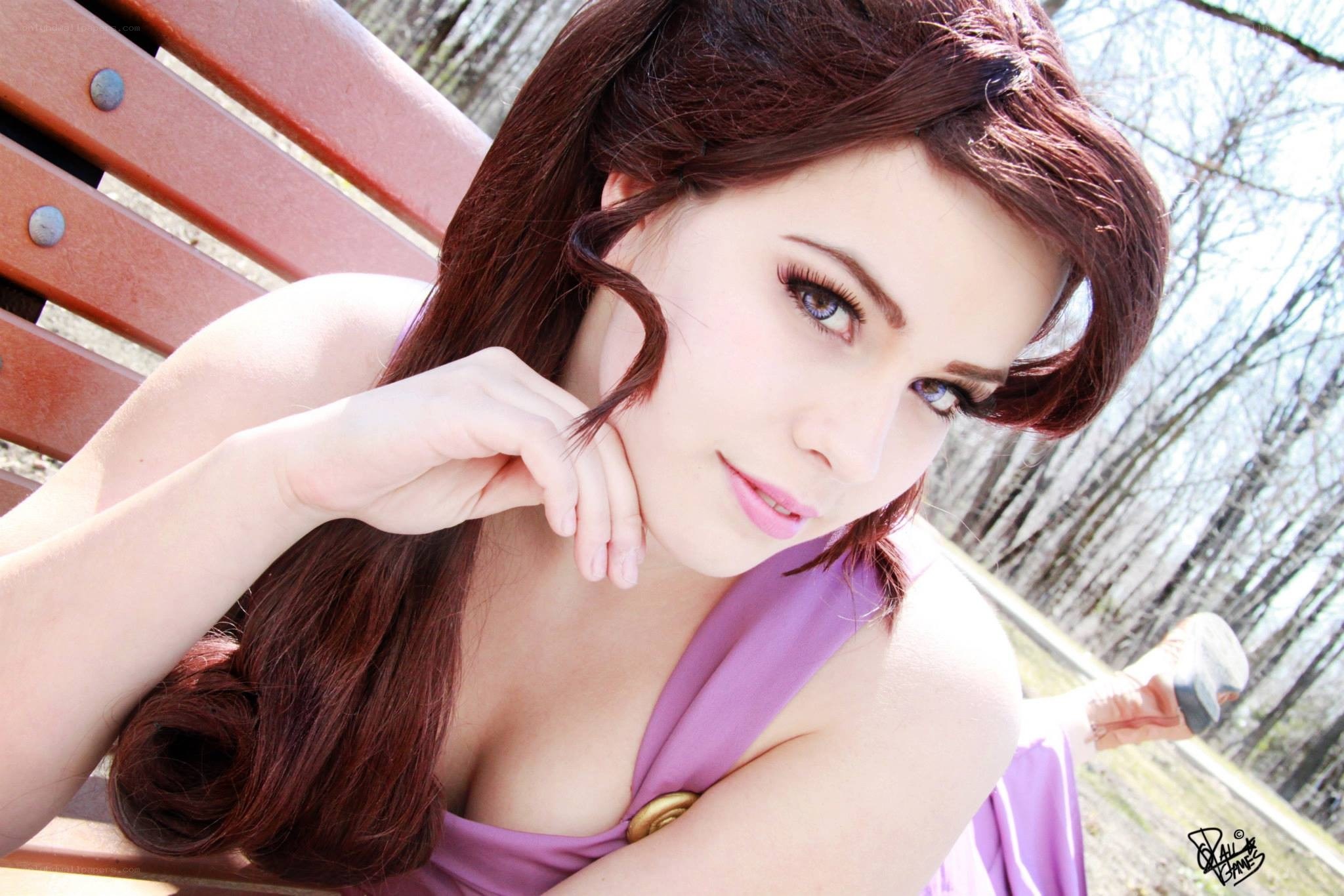 cosplayer on a bench