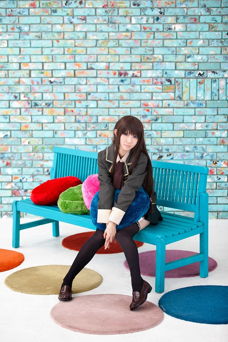 cosplayer on a colorful bench