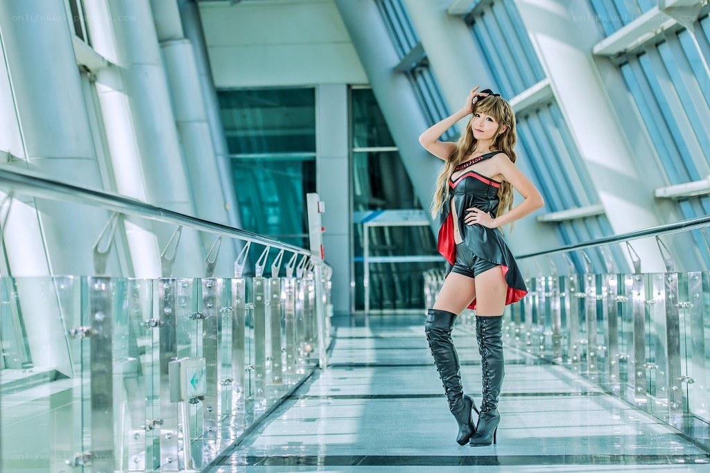 cosplayer on a modern bridge