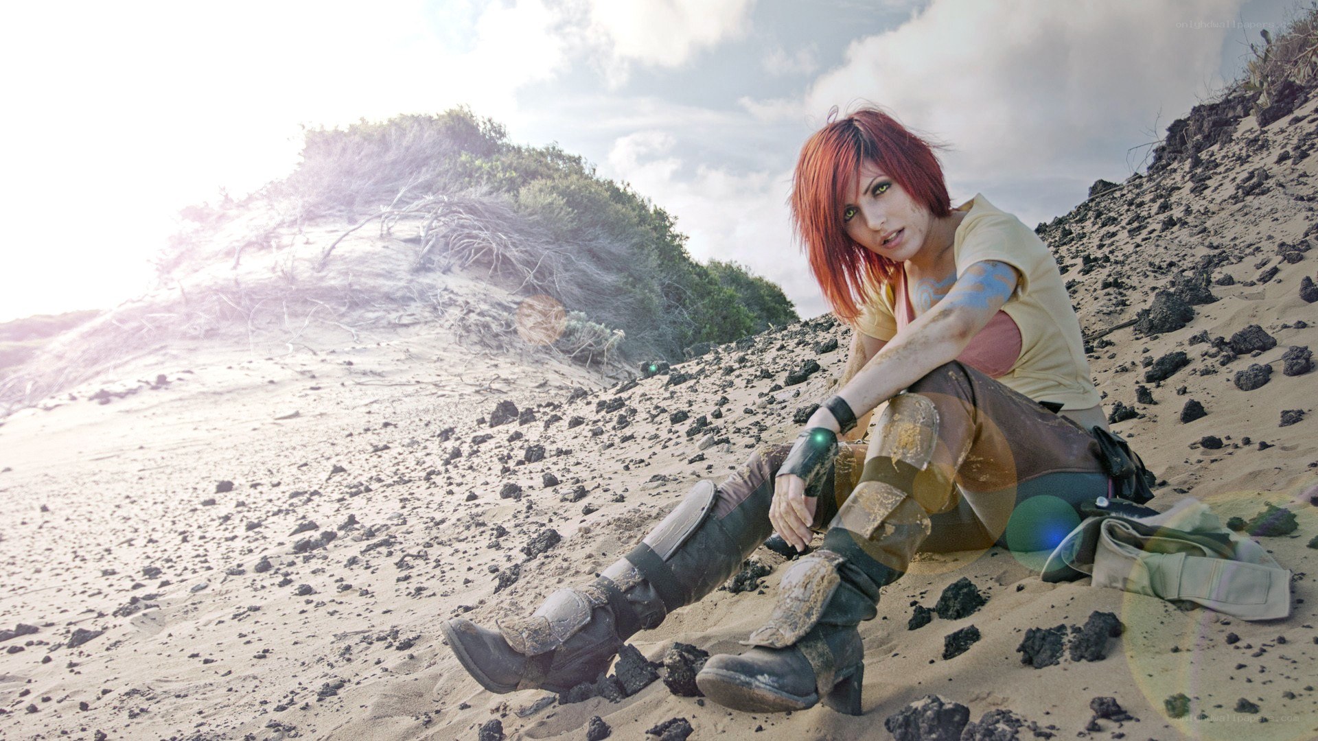 cosplayer on a rocky beach