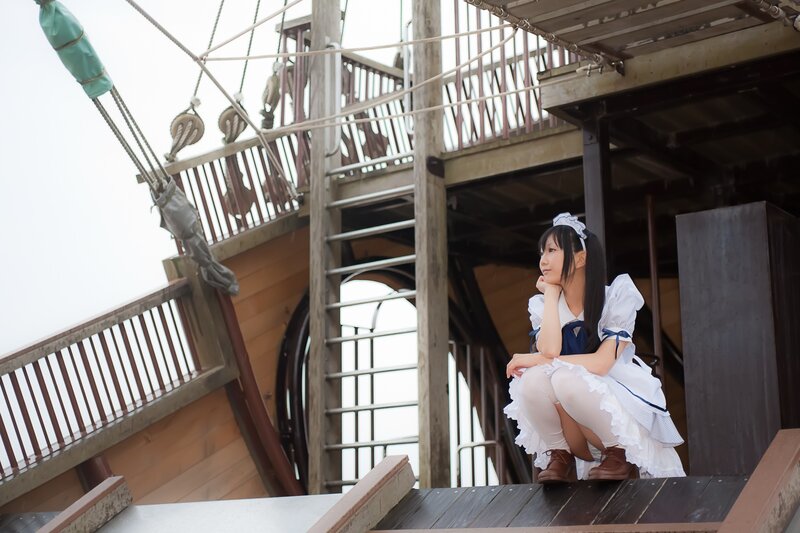Cosplayer on a ship deck