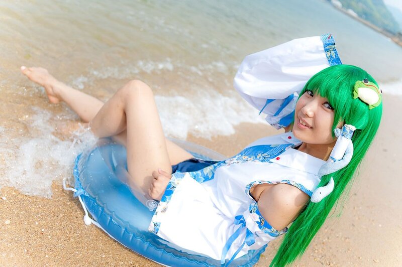 cosplayer on beach with floatie