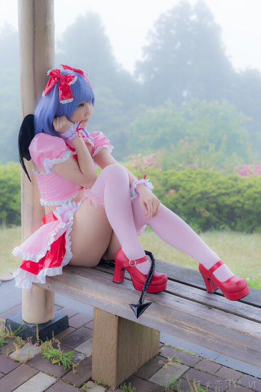 Cosplayer on Bench — Pink, Serene