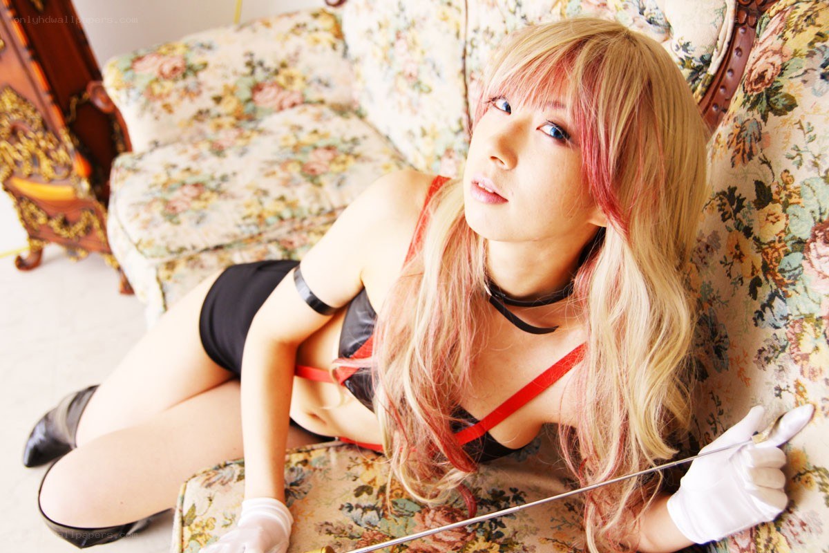 cosplayer on floral couch