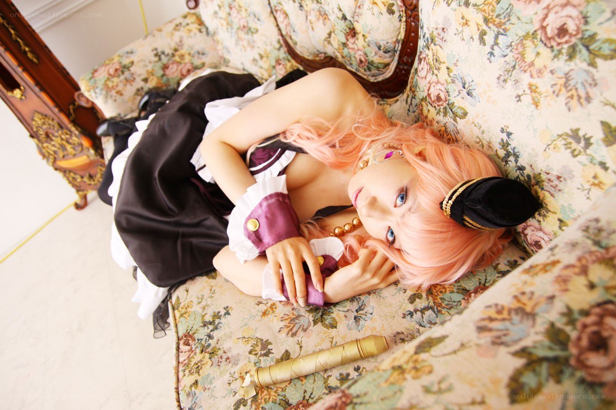 cosplayer on floral couch