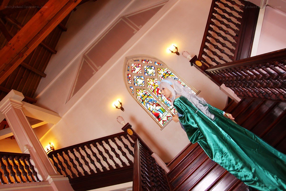 cosplayer on grand staircase