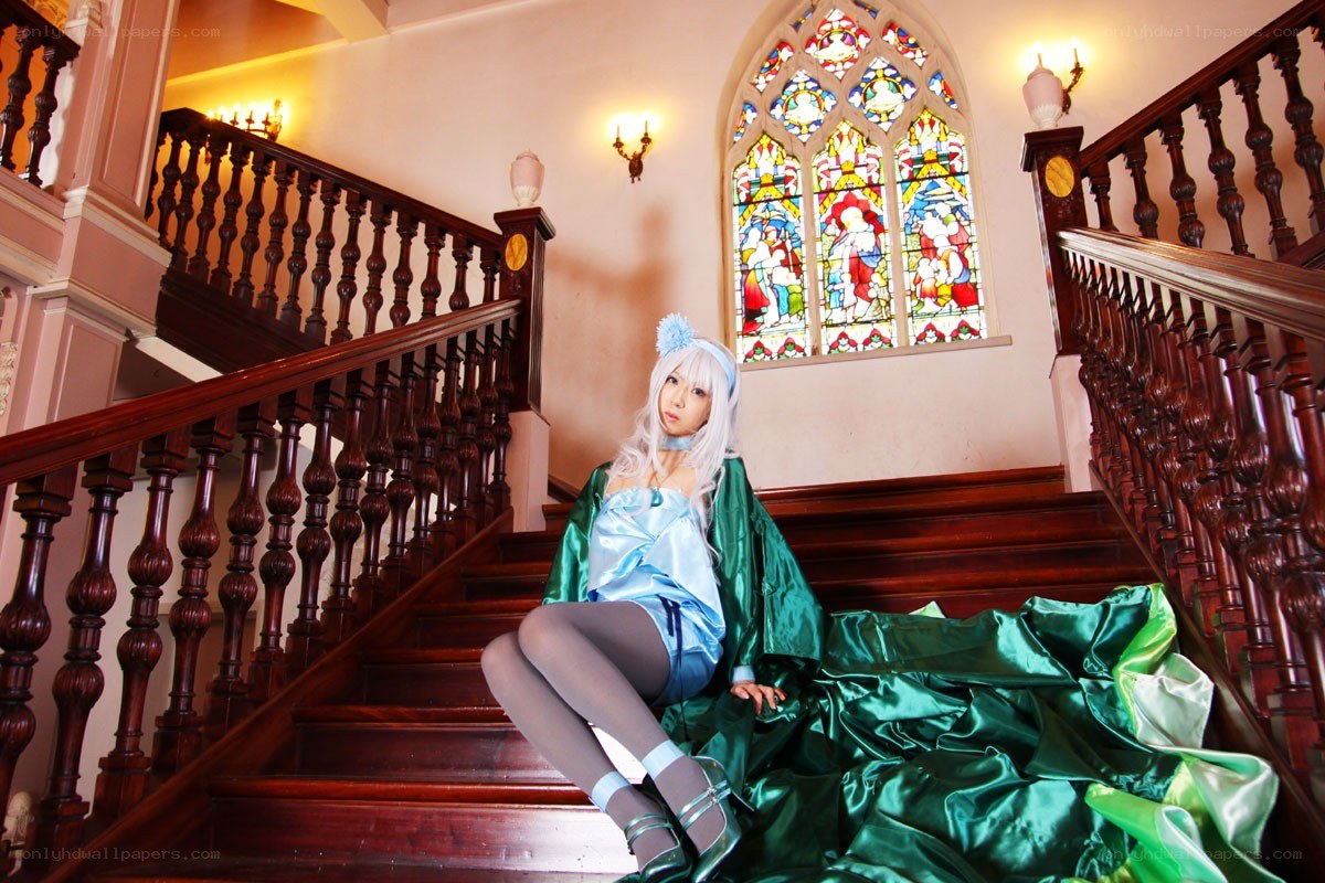 cosplayer on grand staircase