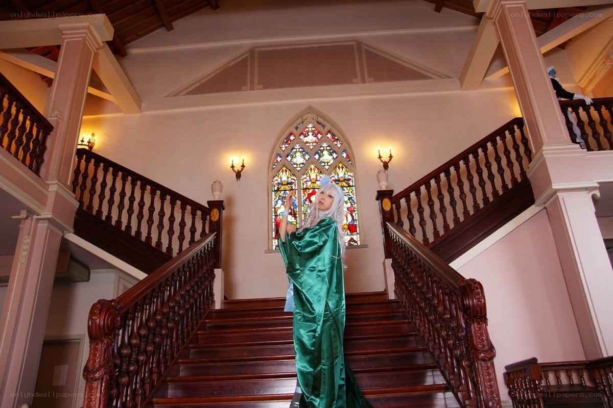 cosplayer on grand staircase