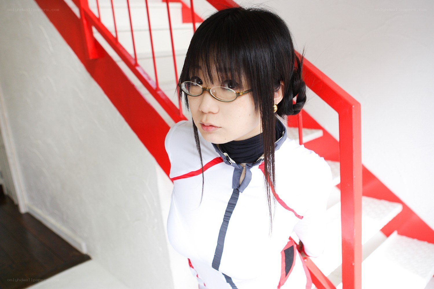 cosplayer on red staircase