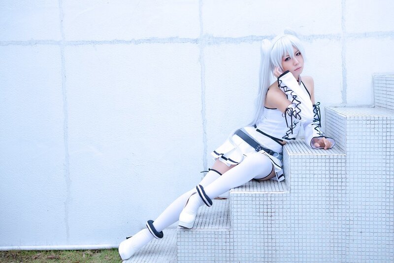 cosplayer on tiled steps