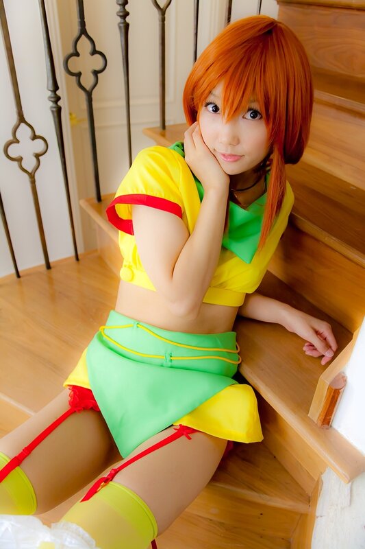 cosplayer on wooden stairs