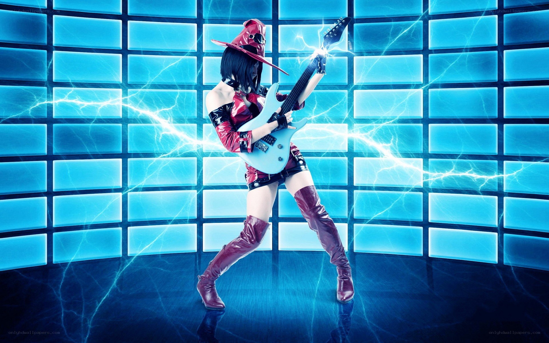 cosplayer playing electric guitar