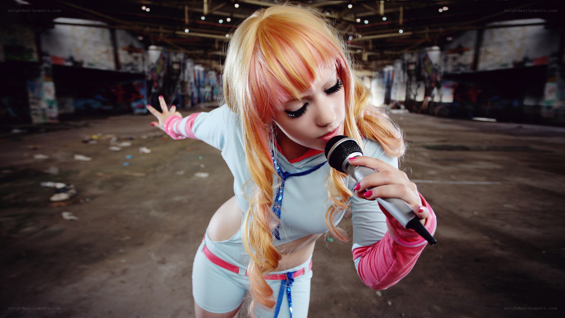 cosplayer singing in warehouse