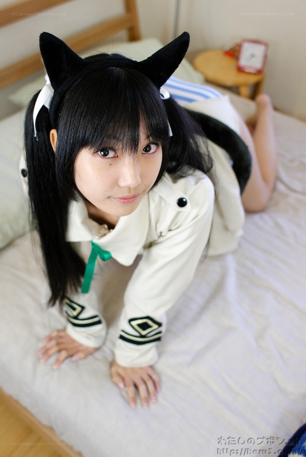 cosplayer with cat ears on bed