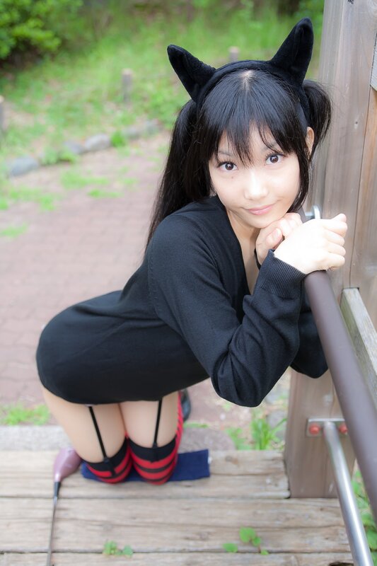 cosplayer with cat ears outdoors