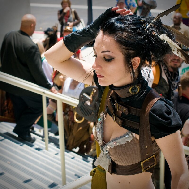 cosplayer with feathered hair