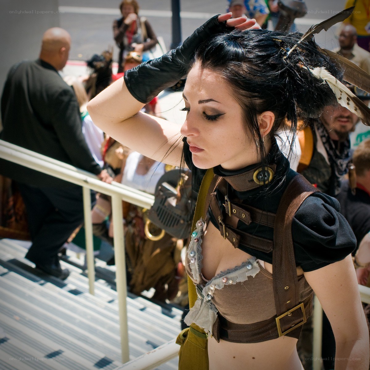 cosplayer with feathered hair