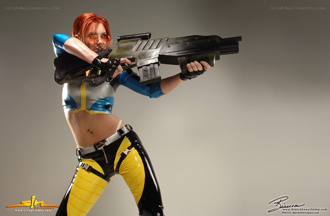 cosplayer with futuristic weapon