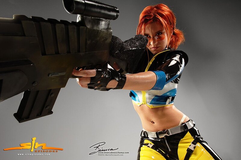 cosplayer with futuristic weapon