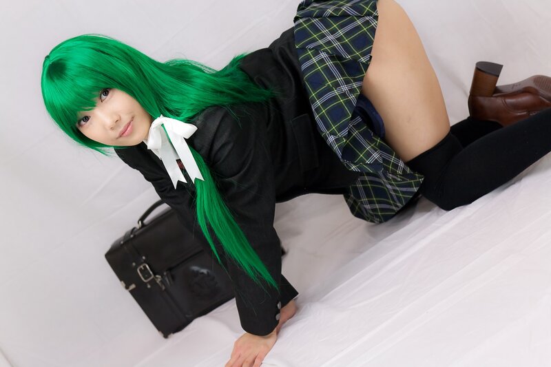 Cosplayer with Green Hair — Playful, Photograph, School Uniform