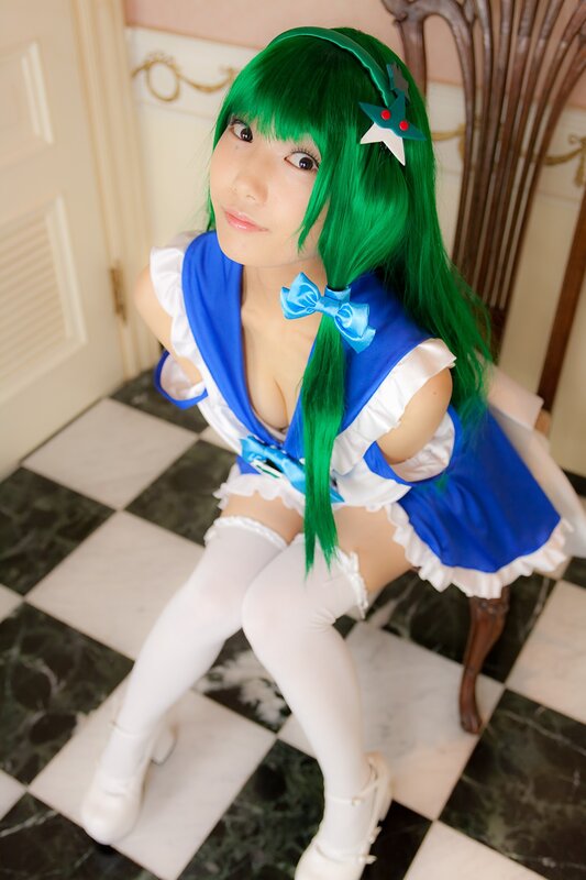 Cosplayer with Green Hair — Playful, Photograph, Wig
