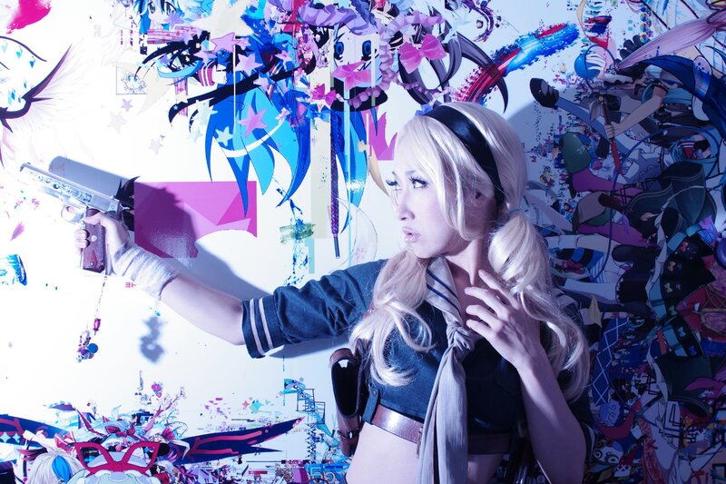 cosplayer with gun in anime art