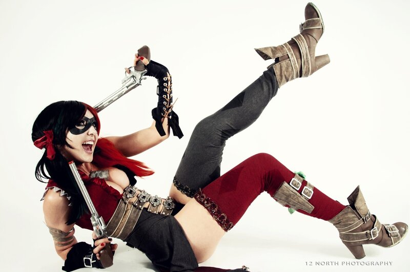 cosplayer with guns in action