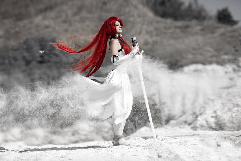 Cosplayer with Red Hair — Dramatic, Photograph, Sword