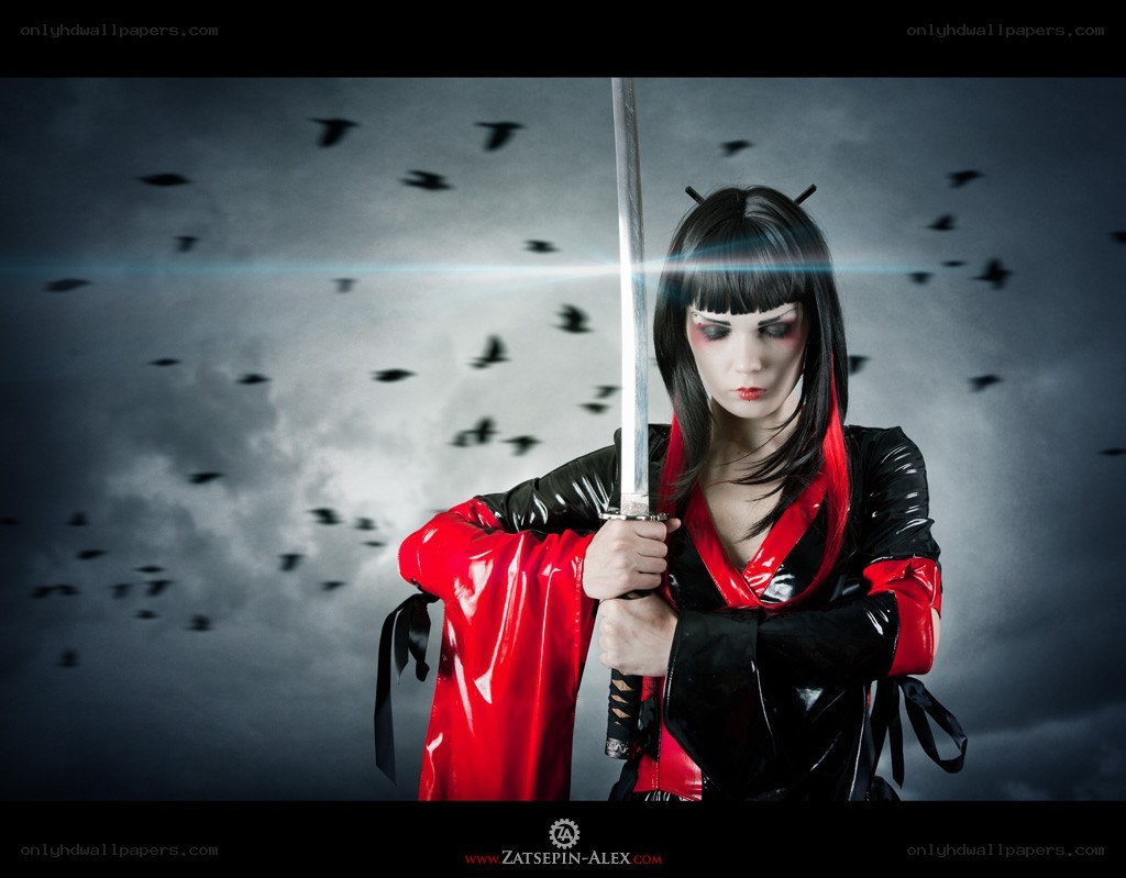 cosplayer with sword and birds