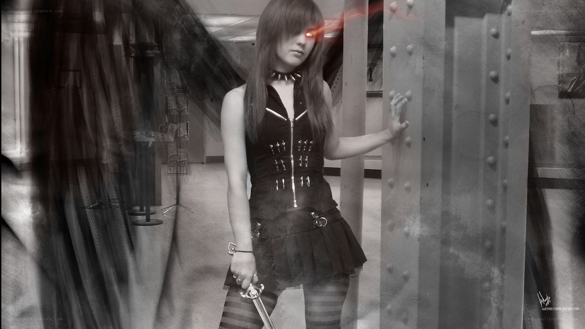 cosplayer with sword and glowing eye