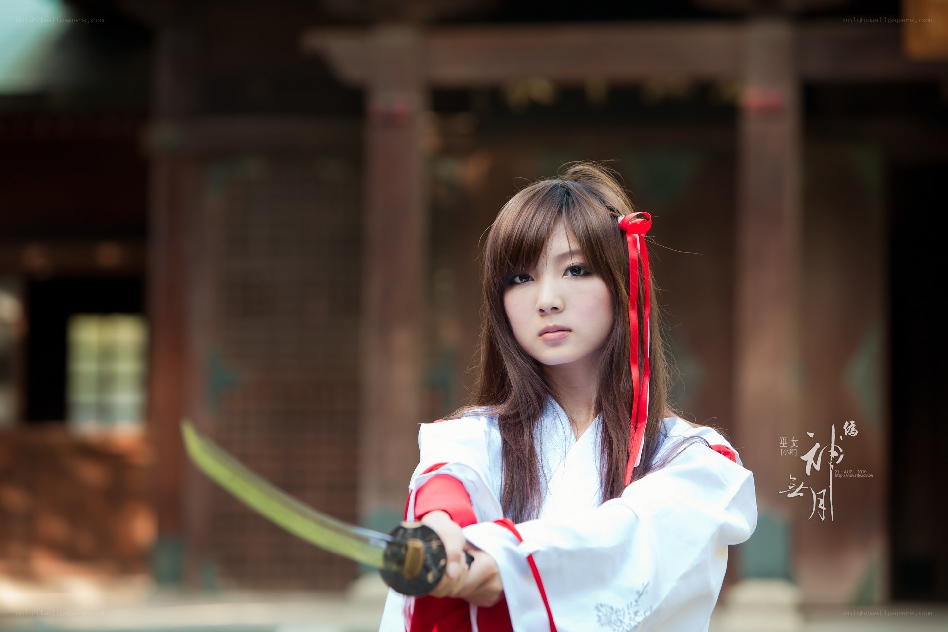 cosplayer with sword at temple