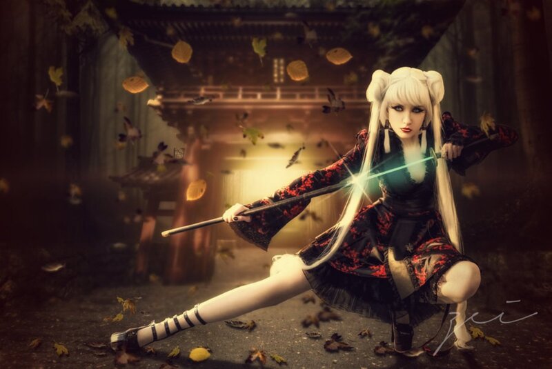 Cosplayer with Sword — Black, Dramatic