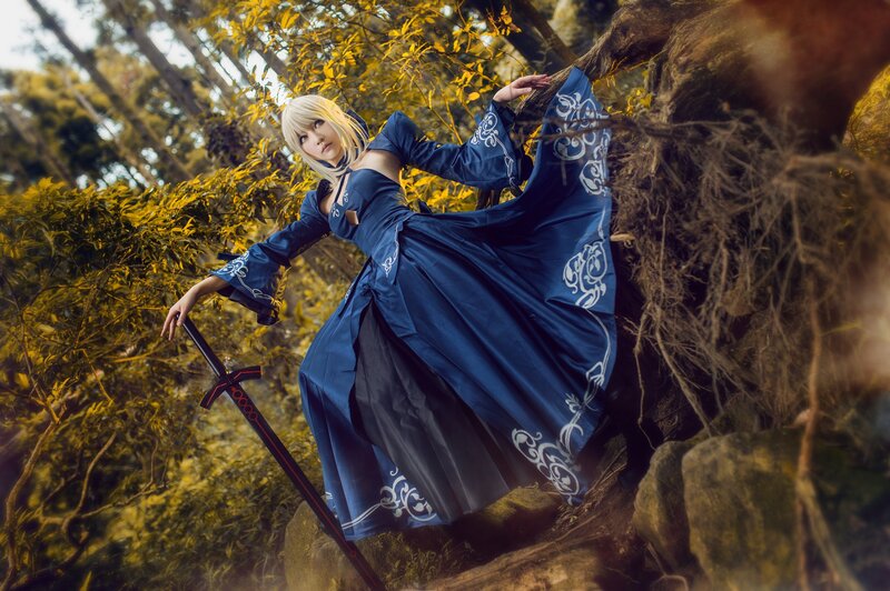 Cosplayer with Sword — Blue, Dramatic