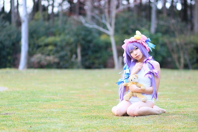 Cosplayer with Teddy Bear — Purple, Serene