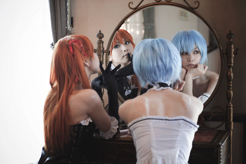cosplayers at vanity mirror