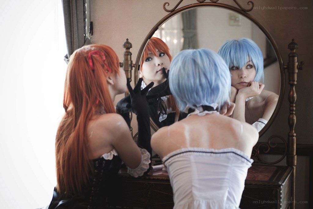 cosplayers at vanity mirror